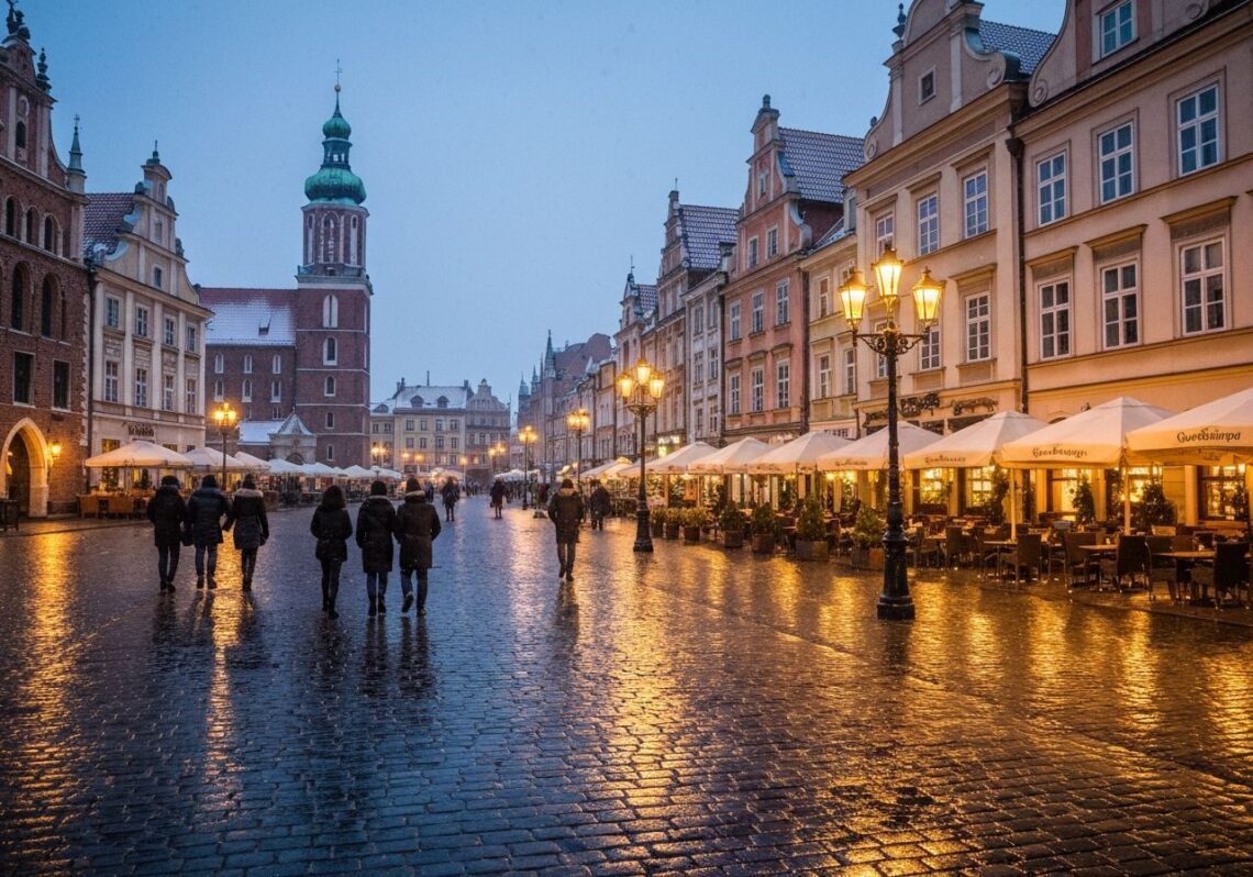 Zimowy wieczór na zabytkowym rynku w Polsce z oświetlonymi latarniami i przechodniami w ciepłych ubraniach