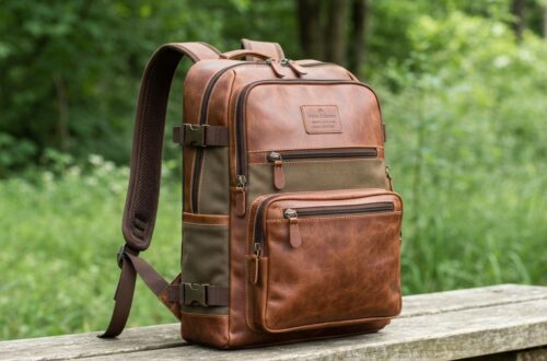 Męski plecak na weekendowe wypady na drewnianej ławce w naturalnym, zielonym otoczeniu