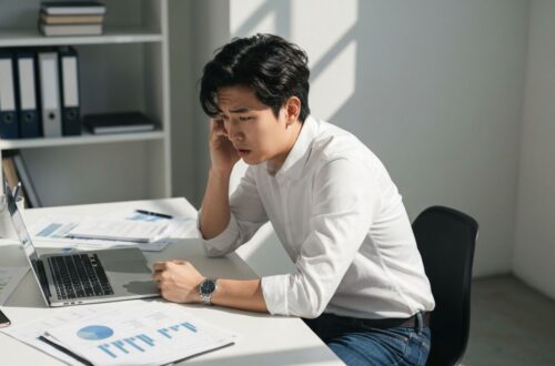 Młody przedsiębiorca przy biurku w nowoczesnym biurze, otoczony papierami, wygląda na zamyślonego i spiętego