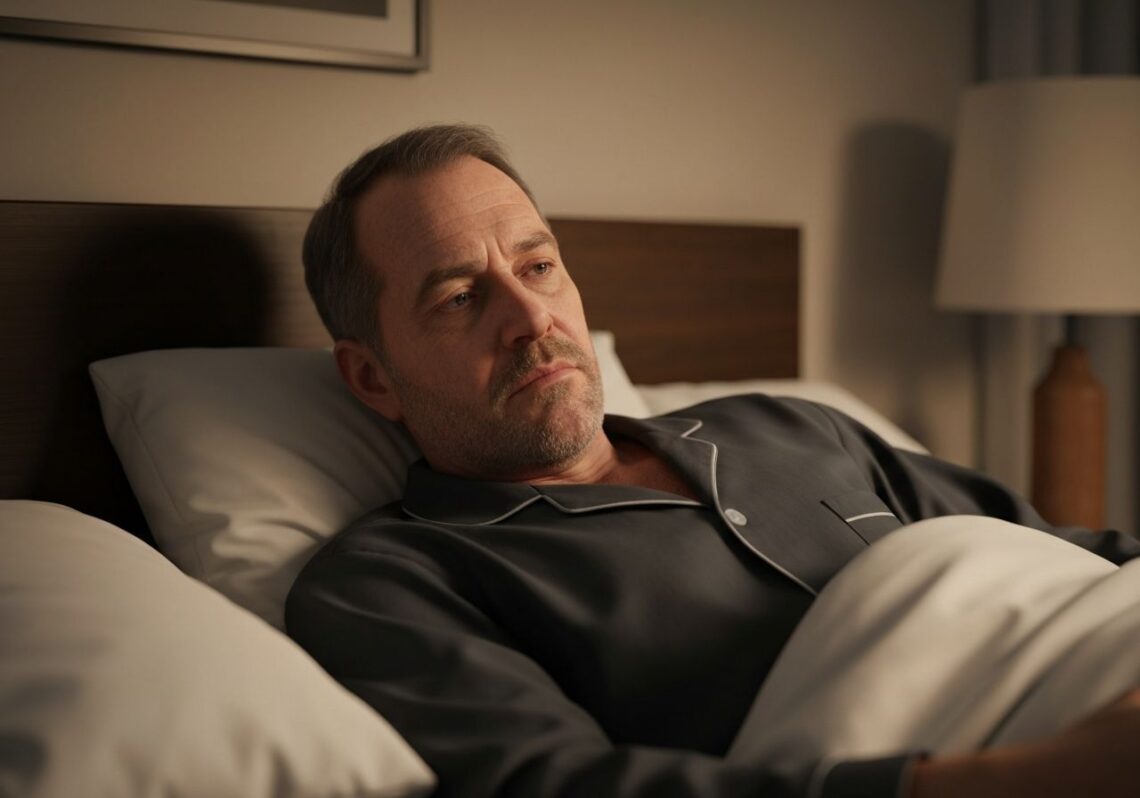 Mężczyzna leży w łóżku, czujny i zmęczony, w słabym świetle lamki nocnej, myśląc przed snem.