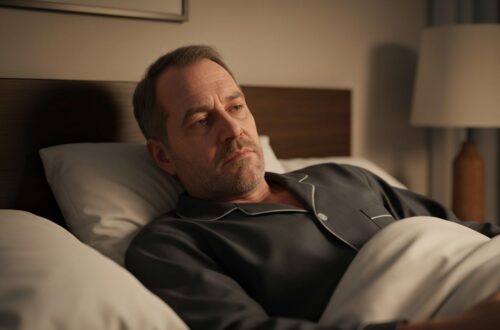 Mężczyzna leży w łóżku, czujny i zmęczony, w słabym świetle lamki nocnej, myśląc przed snem.
