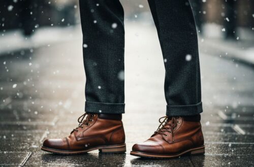 Mężczyzna w skórzanych zimowych butach i wełnianym garniturze stoi na mokrej miejskiej ulicy podczas śniegu