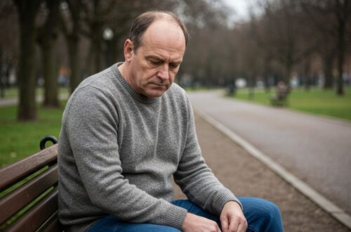 Mężczyzna siedzi samotnie na ławce w parku, zapatrzony w dół, wyraz zamyślenia, pochmurny dzień