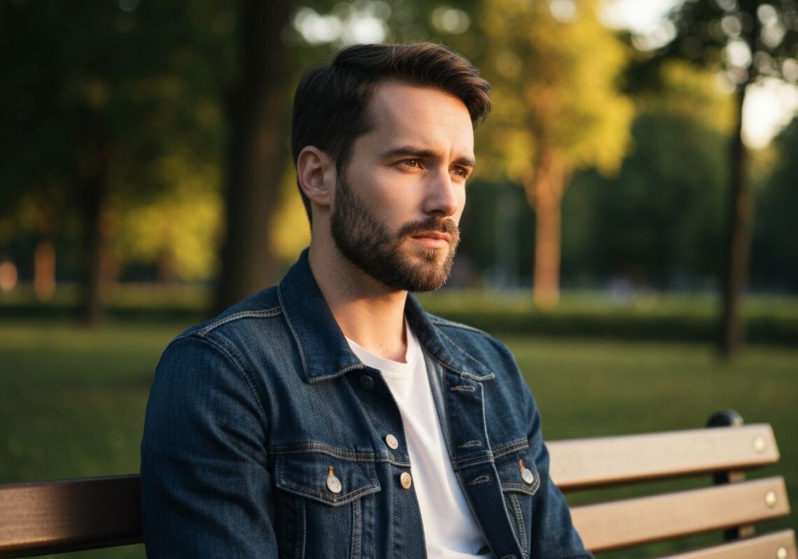 Młody mężczyzna siedzi zamyślony na ławce w parku podczas złotej godziny przy miękkim świetle.