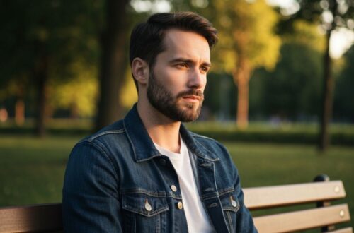 Młody mężczyzna siedzi zamyślony na ławce w parku podczas złotej godziny przy miękkim świetle.