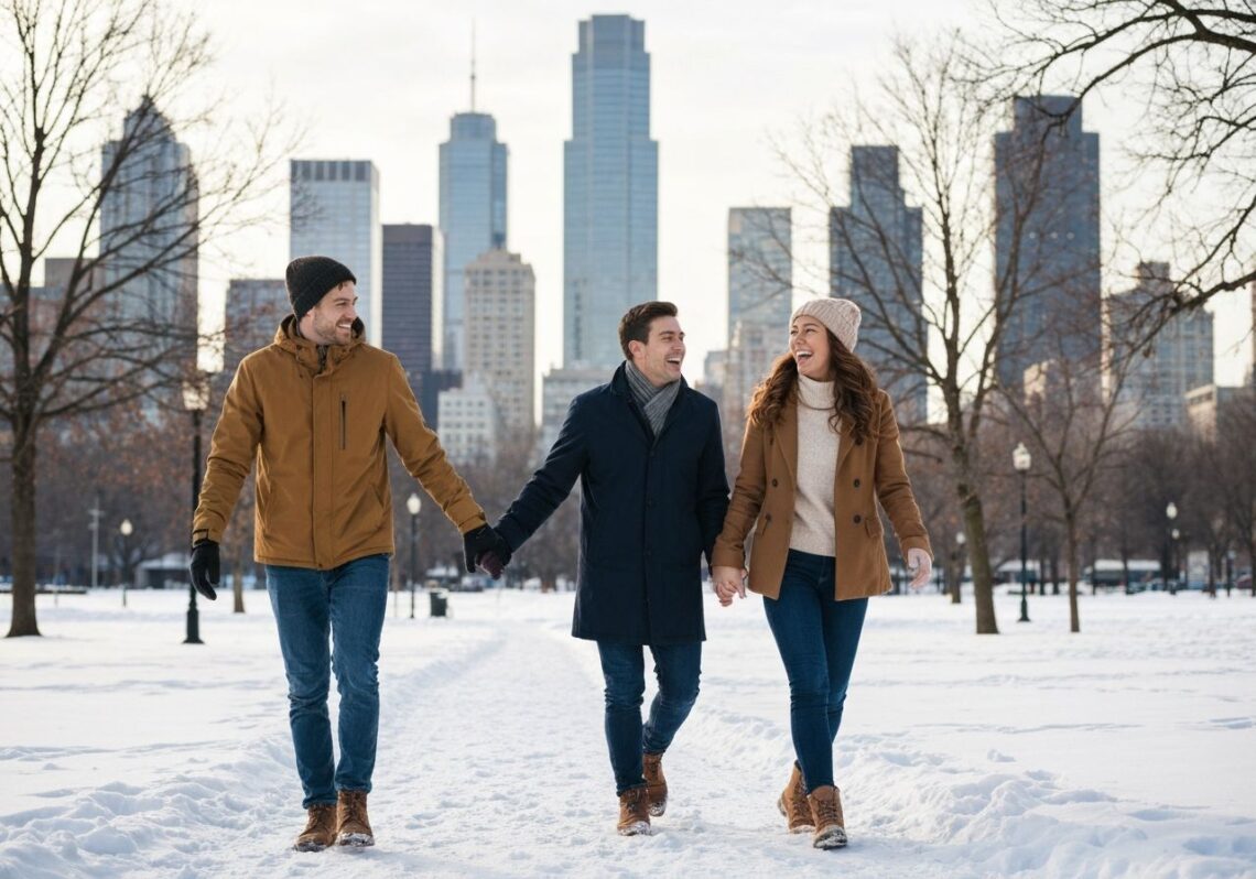 Młoda para spaceruje zimą po zaśnieżonym miejskim parku, trzymając się za ręce, z panoramą miasta w tle.