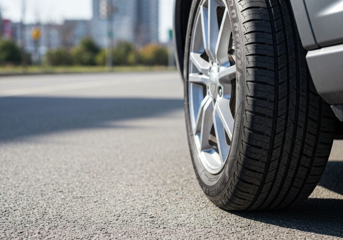 Zbliżenie opony całorocznej na aluminiowym feldze na asfaltowej drodze w miejskim otoczeniu