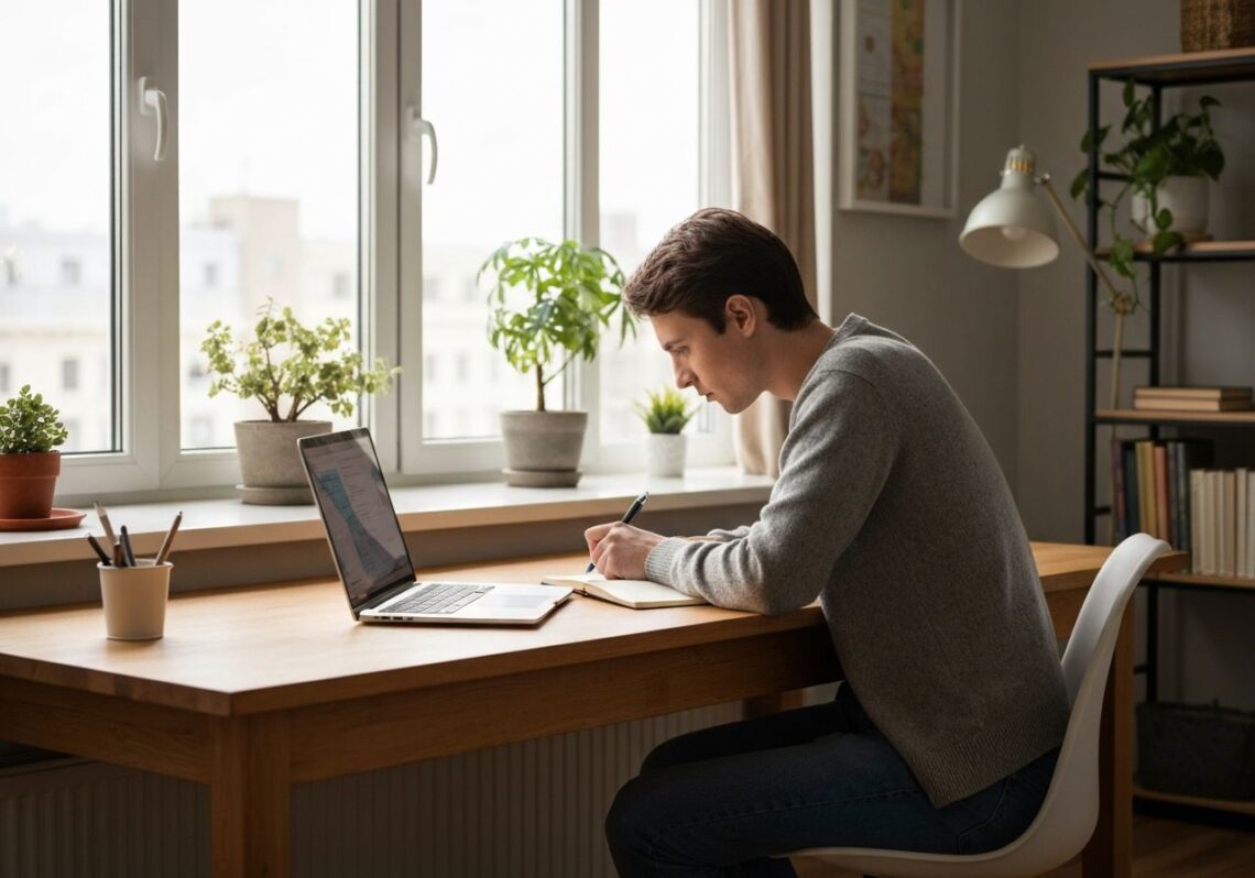 Młoda osoba siedzi przy biurku w mieszkaniu, skupiona na budżetowaniu z laptopem i notesem.
