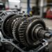 Zbliżenie na zużyte metalowe zębatki skrzyni biegów w warsztacie samochodowym