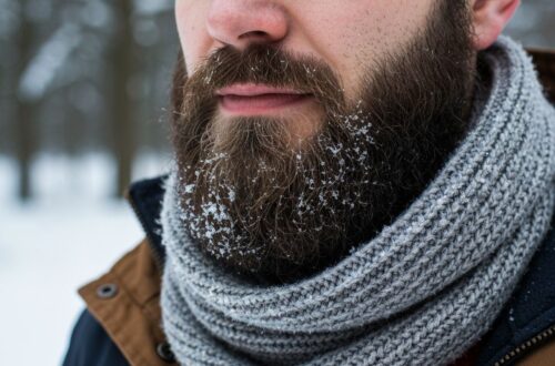Mężczyzna z gęstą brodą w zimowym szaliku na tle zamglonego, zaśnieżonego lasu.