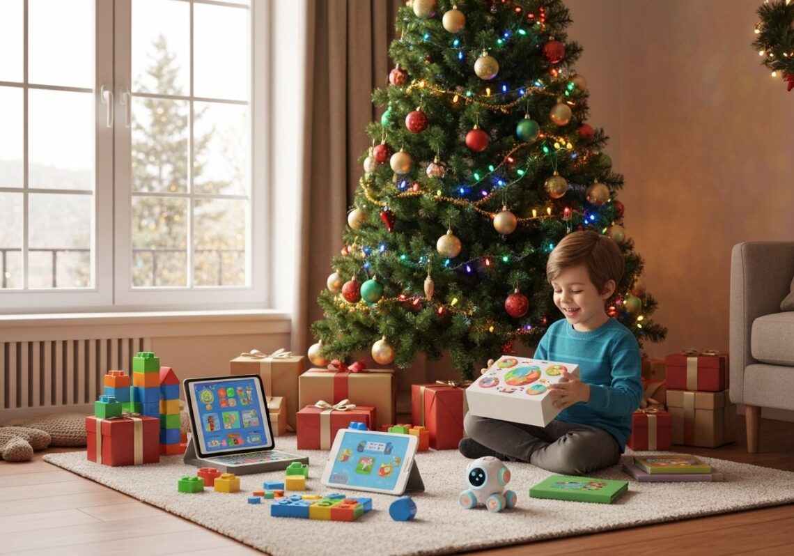 Dziecko rozpakowuje edukacyjne zabawki przy dużej choince w przytulnym, świątecznym salonie.