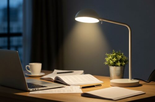 Nowoczesna lampka na biurku oświetlająca laptop, dokumenty, filiżankę kawy i roślinę w przytulnym wnętrzu.