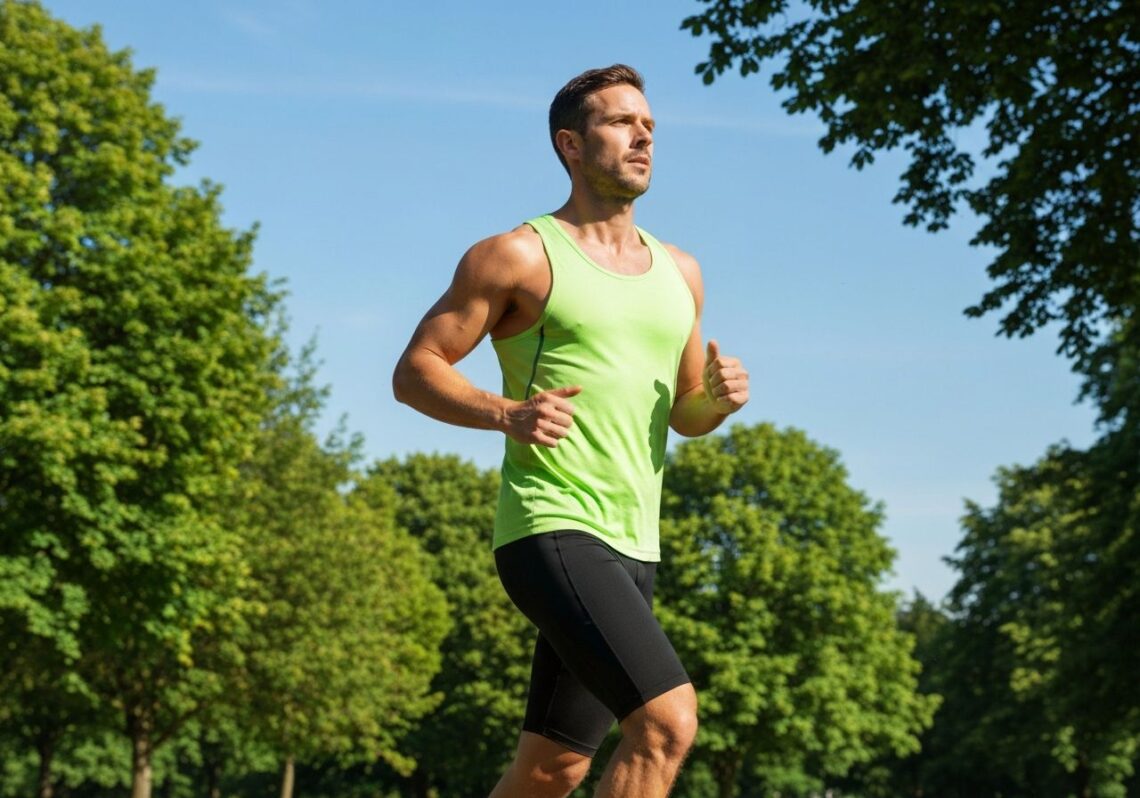 Mężczyzna biegający w parku na tle drzew i nieba, zdrowy styl życia, pełen energii.