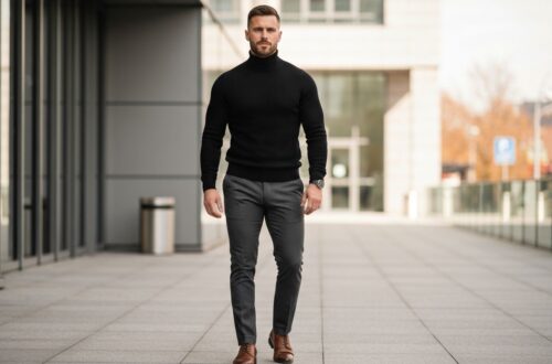 Mężczyzna w czarnym golfie i eleganckich spodniach stoi pewnie na tle nowoczesnego miasta.