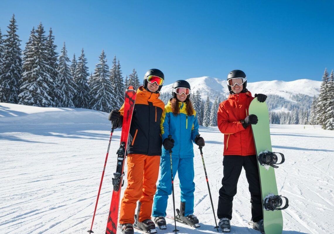 Dwoje młodych narciarzy i snowboardzista w zimowym kurorcie na tle ośnieżonych stoków i sosnowych drzew.