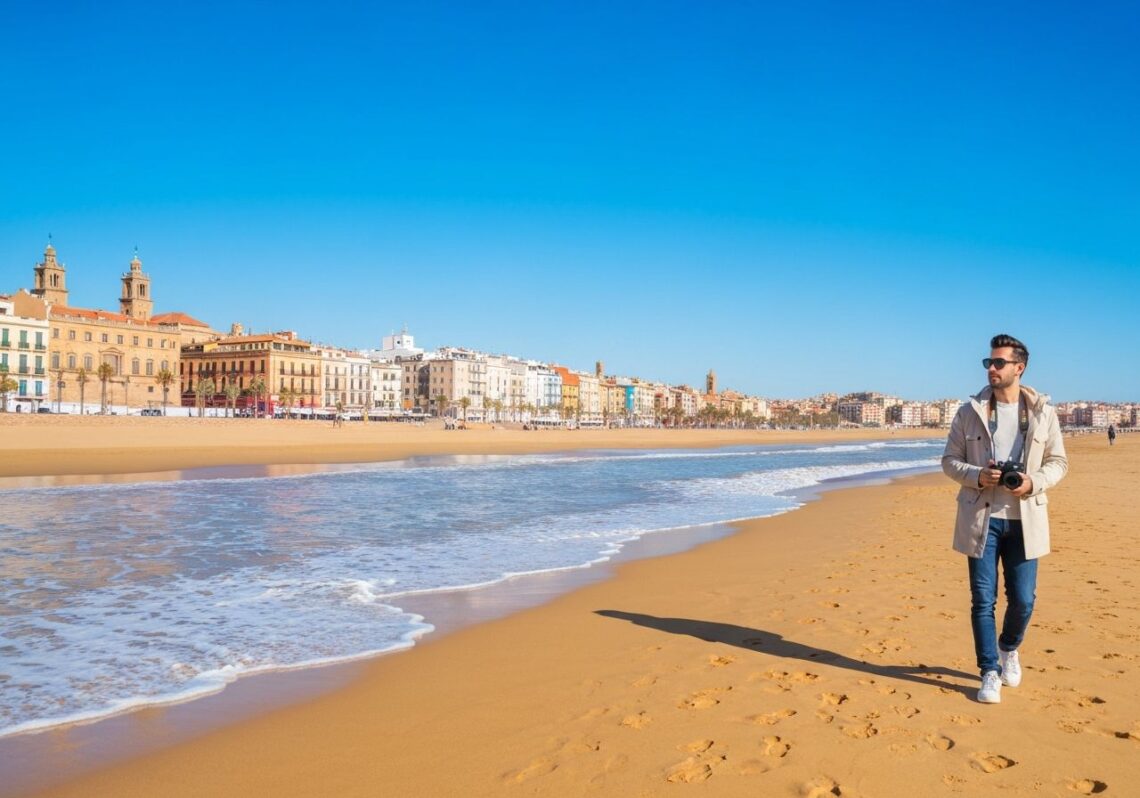 Podróżnik z aparatem spaceruje po plaży w południowej Hiszpanii zimą, w tle miasto z historyczną architekturą.